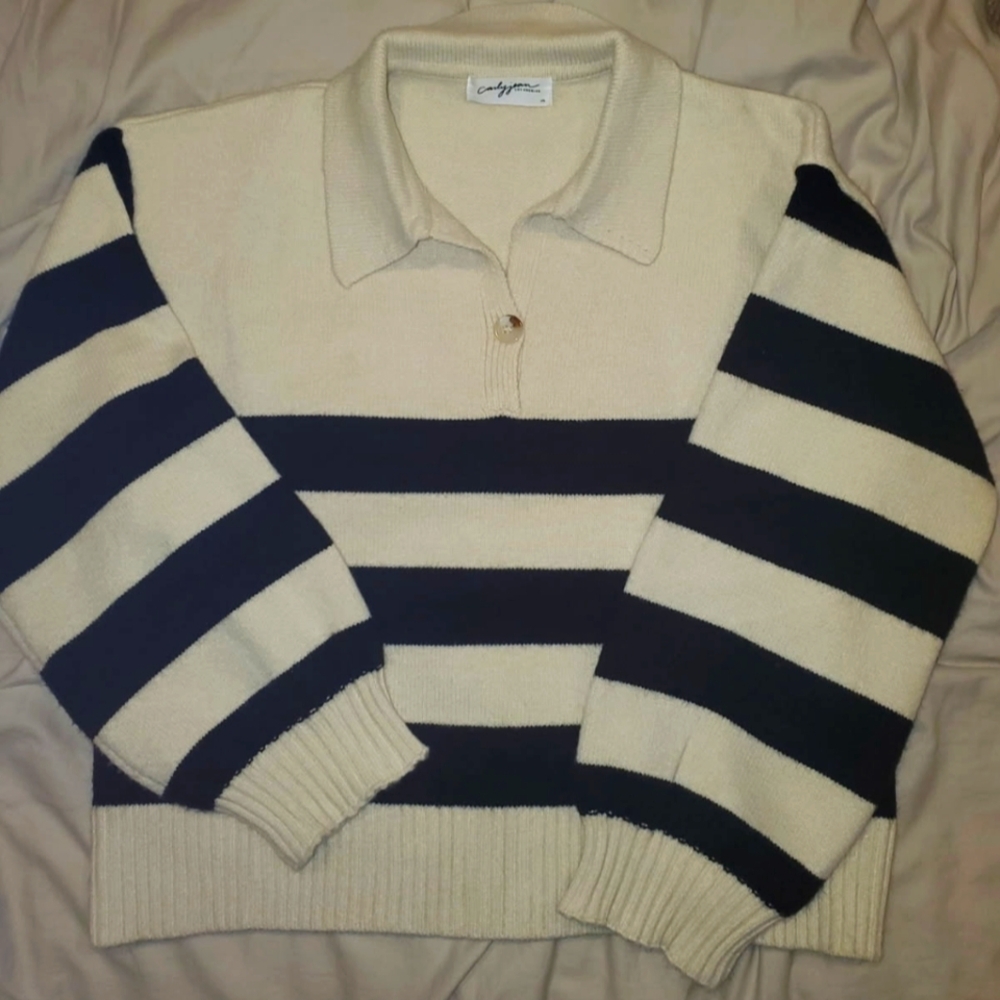 Carly Jean LA Cream And Black Striped Sweater Size Medium